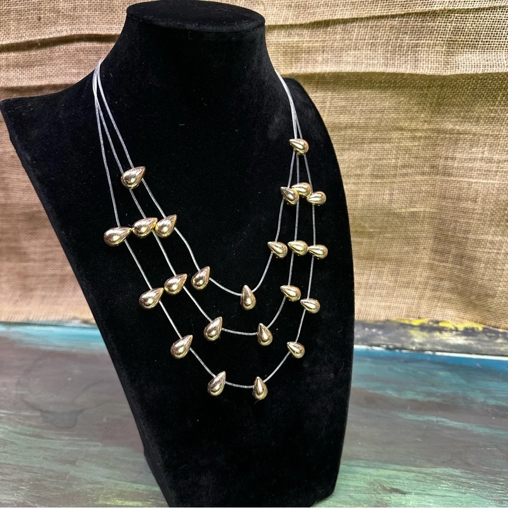 Boho‎ party elegant invisible multi layer gold teardrop choker necklace NWOT